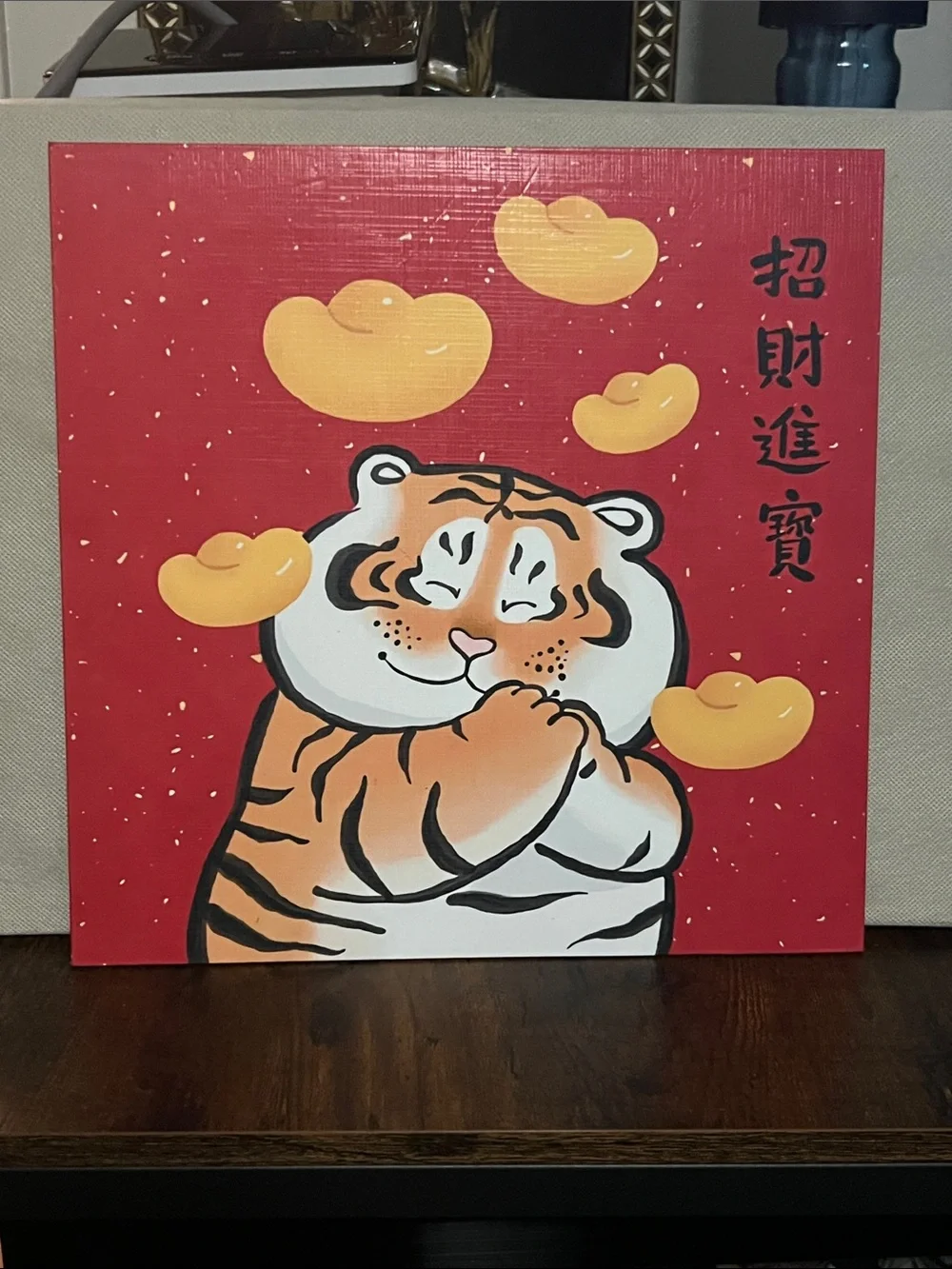 Festive Tiger Canvas Wall Art in Red and Orange